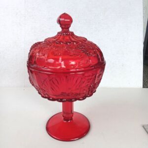 Vintage Ruby Red Cranberry Glass Candy Dish 10" Tall with Lid Grapes and Leaves